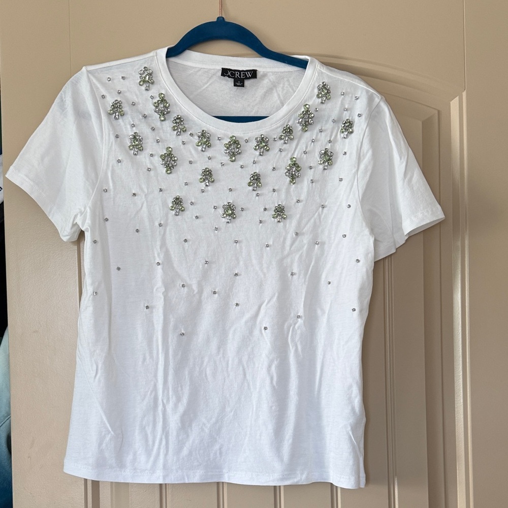 J. Crew White Embellished Short Sleeve Tee